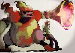  1boy 1other afro arm_cannon armband black_armband brown_shoes closed_eyes colored_skin firing flame_print flame_shaped_hair flint_(pokemon) glowing grin hands_in_pockets highres magmortar multicolored_skin no_fingers no_hands no_pupils open_mouth pants pink_lips pokemon pokemon_(creature) purple_pants red_hair red_skin shirt shoes short_sleeves sketch smile smoke teeth thick_lips ukyu_(komarukoune) v-neck weapon white_eyes yellow_shirt yellow_skin 