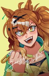  ahoge animal_ears boro^2 brown_hair collarbone ear_ornament earrings hair_between_eyes hair_ornament hairclip highres horse_ears horse_girl jacket jewelry jungle_pocket_(champion's_battle_cry)_(umamusume) jungle_pocket_(umamusume) long_sleeves looking_at_viewer multicolored_hair notched_ear open_mouth sharp_teeth shirt simple_background smile teeth umamusume yellow_eyes yellow_jacket 