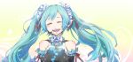  1girl aqua_hair blush closed_eyes detached_sleeves flower hair_flower hair_ornament hair_ribbon haru_aki hatsune_miku headset long_hair ribbon solo tears twintails vocaloid 