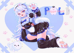  1girl absurdres animal_ears animal_hands apron arm_support armband black_dress black_sleeves blue_bow blue_eyes bone bow character_name collar detached_sleeves dog dog_ears dog_paws dog_tail dress fang fluffy_hair frilled_collar frills goddess_of_victory:_nikke hair_ornament heart highres inugressive kneeling leg_warmers looking_at_viewer maid maid_apron maid_headdress paw_pose paw_print paw_print_background paw_shoes poli_(nikke) police police_badge pouch tail waist_apron white_hair 