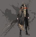  1boy armor black_hair blade_&amp;_soul highres kim_hyung_tae purple_skin red_eyes solo talisman weapon 