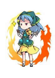  1girl apron aqua_apron arm_ribbon between_fingers blue_hair blue_ribbon chibi chibi_only chisel commentary_request dairi dress fire full_body green_headscarf haniyasushin_keiki headscarf holding jewelry large_variant_set long_hair magatama magatama_necklace necklace puffy_short_sleeves puffy_sleeves ribbon sandals short_sleeves solo tachi-e touhou transparent_background variant_set 