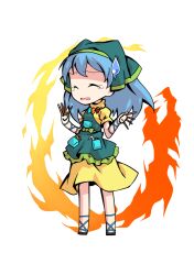  1girl apron aqua_apron arm_ribbon between_fingers blue_hair blue_ribbon chibi chibi_only chisel commentary_request dairi dress fire full_body green_headscarf haniyasushin_keiki headscarf holding jewelry large_variant_set long_hair magatama magatama_necklace necklace puffy_short_sleeves puffy_sleeves ribbon sandals short_sleeves solo tachi-e touhou transparent_background variant_set 