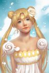  bare_shoulders bishoujo_senshi_sailor_moon blonde_hair crescent double_bun dress earrings facial_mark forehead_mark hair_ornament hairpin highres jewelry lips long_hair qinni queen_serenity twintails white_dress 