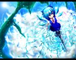  1girl blue_dress blue_eyes blue_hair bow cirno dress from_above grin hair_bow highres ice ice_wings lens_flare mukyousou perspective pillar ribbon short_hair smile solo touhou wings 