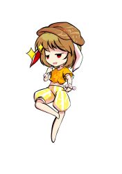  1girl animal_ears barefoot blonde_hair chibi chibi_only commentary_request dairi dango flat_cap floppy_ears food full_body hat holding large_variant_set midriff orange_shirt pants parody rabbit_ears ringo_(touhou) shirt skewer solo style_parody tachi-e touhou transparent_background variant_set wagashi 