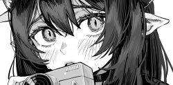  1girl blue_archive blush camera chiaki_(blue_archive) choker close-up commentary_request digital_camera ear_blush eyelashes greyscale hanakonenne highres holding holding_camera monochrome object_to_mouth parted_lips pointy_ears simple_background solo white_background 