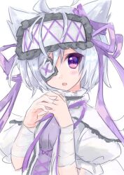  1girl ahoge animal_ears bandages black_choker capelet choker dress emil_chronicle_online eyepatch frilled_choker frilled_hairband frills hair_ribbon hairband highres open_mouth own_hands_clasped own_hands_together purple_ribbon ribbon solo upper_body violet_eyes white_background white_capelet white_dress white_familiar_alma white_hair white_hairband yusa_yuyu 