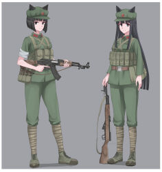  2girls absurdres ammunition_pouch animal_ears assault_rifle belt black_eyes black_hair border brown_belt cat_ears chest_rig closed_mouth collar_tabs explosive green_hat green_jacket green_pants green_shoes grenade grey_background gun hat highres jacket jiefang_shoes kalashnikov_rifle long_hair looking_at_viewer military military_combat_uniform military_uniform multiple_girls nguyen_tam_lee original pants people's_liberation_army people's_liberation_army_ground_force pouch puttee red_collar_tabs red_star rifle shoes short_hair sks sleeves_rolled_up smile star_(symbol) third_indochina_war trigger_discipline type_56_assault_rifle weapon white_border 