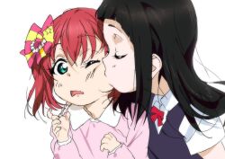  2girls aged_down aqua_eyes black_hair black_sweater_vest bow bowtie closed_eyes collared_shirt commentary ginsansecond hair_bow hand_on_another's_shoulder highres kiss kissing_cheek kurosawa_dia kurosawa_ruby long_hair long_sleeves love_live! love_live!_sunshine!! medium_hair multiple_girls one_eye_closed open_mouth pink_bow pink_sweater red_bow red_bowtie red_hair shirt siblings sidelocks sisters striped_bow sweater sweater_vest two-tone_bow white_shirt yellow_bow 