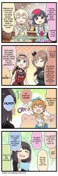 4koma 6+girls bang_dream! beret black_border black_gloves black_hairband black_sleeves closed_eyes comic crown earrings english_text fang flying_sweatdrops gloves hair_flower hairband imai_lisa kitazawa_hagumi light_blush official_art shirasagi_chisato speech_bubble translated tsukishima_marina uehara_himari ushigome_rimi