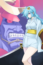  1boy 1girl armor bishamon_(darkstalkers) black_sclera blue_eyes blue_hair blue_skin breasts clenched_teeth colored_sclera colored_skin darkstalkers dual_persona genderswap genderswap_(mtf) hair_ornament helmet highres holding holding_sword holding_weapon japanese_armor japanese_clothes kabuto_(helmet) kageyama_shinobi katana kimono large_breasts long_hair looking_at_viewer midnight_bliss obi red_armor red_eyes sash short_kimono skull_hair_ornament standing sword teeth weapon white_kimono yellow_sash 