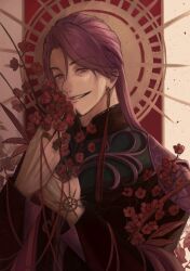  1boy absurdres collared_jacket commentary_request duryodhana_(fate) duryodhana_(third_ascension)_(fate) earrings facial_hair fate/grand_order fate_(series) flower goatee goatee_stubble highres holding indian_clothes jacket jewelry long_hair long_sleeves male_focus purple_hair revision ring sagaru0408 shirt single_earring smile stubble upper_body violet_eyes 
