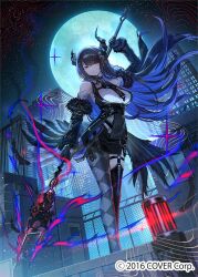  1girl argyle_clothes argyle_pantyhose asymmetrical_horns bident black_bow black_bowtie black_gloves black_hair black_pantyhose black_skirt black_thighhighs black_vest black_wings blue_hair bow bowtie breast_strap breasts building clothing_cutout collared_shirt colored_inner_hair commentary_request company_name copyright_notice dress_shirt falling_feathers feather-trimmed_sleeves feathered_wings feathers floating_hair flower flower_knot framed_breasts full_moon gloves hair_ornament holding holding_polearm holding_weapon hololive hololive_english horn_flower horns jeze large_breasts long_hair long_sleeves looking_at_viewer low_wings miniskirt mole mole_under_eye moon multicolored_hair nerissa_ravencroft nerissa_ravencroft_(1st_costume) night o-ring o-ring_thigh_strap official_art outdoors pantyhose parted_lips pencil_skirt polearm red_eyes ribbed_shirt rooftop shirt shoulder_cutout side_slit single_leg_pantyhose single_thighhigh skirt slit_pupils solo standing tassel tassel_hair_ornament thigh-highs thigh_strap uneven_horns very_long_hair vest virtual_youtuber weapon white_shirt wings 