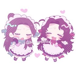  2boys :3 alternate_costume apron arms_up back_bow black_dress black_hair black_shoes blush bow bowtie chibi chibi_only clenched_hand commentary crossdressing crossdressing_(mtf) dress embarrassed facial_mark fang forehead_mark frilled_apron frilled_dress frilled_headwear frills full_body green_bow green_bowtie green_ribbon half_updo happy heart highres long_hair luo_binghe maid maid_headdress male_focus multiple_boys open_mouth outstretched_arms parted_bangs pastel_colors puffy_short_sleeves puffy_sleeves red_bow red_ribbon renzha_fanpai_zijiu_xitong ribbon shen_qingqiu shoes short_sleeves simple_background standing twitter_username watermark wavy_hair white_background xxxx4472 