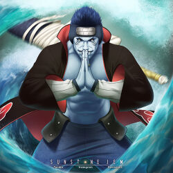  1boy abs akatsuki_uniform artist_name black_eyes black_hair blue_hair blue_skin colored_skin commentary deviantart_username english_commentary forehead_protector gills hoshigaki_kisame instagram_username jembrown_(sunstonejem) jewelry kirigakure_symbol looking_at_viewer male_focus naruto_(classic) naruto_(series) ninja open_clothes ring samehada_(naruto) short_hair smile solo spiky_hair sword teeth tumblr_username water weapon weapon_on_back 