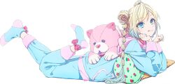  1girl blonde_hair blue_eyes blue_hair blue_pajamas blue_pants blue_shirt blue_socks bow bow_legwear double_bun game_cg gradient_hair hair_bun link!_like!_love_live! long_hair looking_at_viewer love_live! multi-tied_hair multicolored_hair non-web_source official_alternate_costume official_art osawa_rurino osawa_rurino_(birthday_present) pajamas pants polka_dot polka_dot_bow red_bow shirt sidelocks simple_background socks solo stuffed_animal stuffed_dog stuffed_food stuffed_toy transparent_background twintails virtual_youtuber 