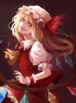  1girl ascot blonde_hair fang flandre_scarlet hat hat_ribbon open_mouth red_eyes ribbon short_hair side_ponytail skirt skirt_set smile solo touhou wings wrist_cuffs 