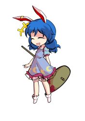  1girl animal_ears bloomers blue_dress blue_hair chibi chibi_only commentary_request dairi dress full_body kine large_variant_set mallet puffy_short_sleeves puffy_sleeves rabbit_ears seiran_(touhou) short_dress short_sleeves socks solo tachi-e touhou transparent_background variant_set white_bloomers white_socks 