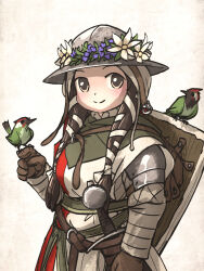  1girl armor belt bird bird_on_hand brown_eyes brown_hair coif commentary english_commentary flora_sister_(ironlily) flower gambeson gloves hat hat_flower head_wreath helmet highres ironlily kettle_helm long_hair looking_at_viewer medieval ordo_mediare_sisters_(ironlily) pauldrons scabbard sheath shield shield_on_back shoulder_armor simple_background smile solo standing surcoat sword upper_body weapon white_background 