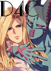  1boy 1other absurdres animal_ears arm_around_neck blonde_hair blue_eyes blue_skin character_name closed_mouth coat colored_skin compound_eyes curly_hair dirty_deeds_done_dirt_cheap fake_animal_ears funny_valentine highres jojo_no_kimyou_na_bouken long_hair looking_at_viewer male_focus mask mouth_mask pink_eyes rabbit_ears siniy stand_(jojo) steel_ball_run white_background white_coat 
