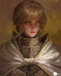  1girl absurdres armor armor_under_clothes braid cloak closed_mouth commentary crown_braid elden_ring elden_ring:_shadow_of_the_erdtree english_commentary highres impasto knight needle_knight_leda ornate ornate_armor red_eyes solo white_cloak xianggang_jizhe 