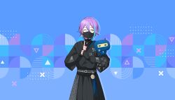  1boy black_shirt blue_background blue_hair colorful_palette earrings game_cg gozarutchi hair_between_eyes highres index_finger_raised jewelry kamishiro_rui male_focus mask mouth_mask multicolored_hair official_art one_eye_closed project_sekai purple_hair shirt shuriken single_earring streaked_hair tamagotchi tamagotchi_(creature) tamagotchi_(virtual_pet) tassel third-party_source triangle virtual_pet_(toy) weapon yellow_eyes 