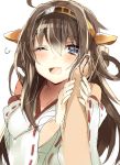  1girl ahoge bare_shoulders blue_hair blush brown_hair bust hairband hand_on_another&#039;s_cheek hand_on_another&#039;s_face kantai_collection kongou_(kantai_collection) nochita_shin open_mouth smile solo_focus wink 
