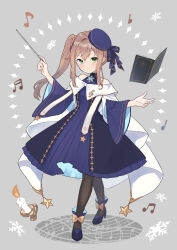  1girl absurdres ahase_hino ankle_bow bare_shoulders beret black_dress blush book boots bow brooch brown_pantyhose candle character_request closed_mouth commentary_request conductor_baton dress epic_seven floating floating_book floating_object full_body green_eyes grey_background hands_up hat high_heels highres jewelry light_blush light_smile long_hair long_sleeves looking_at_viewer medium_dress musical_note musical_note_brooch pantyhose purple_boots purple_dress purple_hat side_ponytail sidelocks snowflakes solo standing tilted_headwear wide_sleeves yellow_bow 
