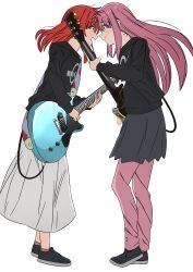  2girls absurdres black_shoes bocchi_the_rock! closed_mouth commentary electric_guitar eye_contact forehead-to-forehead from_side gibson_les_paul gotoh_hitori grey_skirt guitar heads_together highres holding holding_guitar holding_instrument instrument kessoku_band_t-shirt kita_ikuyo long_hair long_skirt long_sleeves looking_at_another multiple_girls official_alternate_costume open_mouth pants pants_under_skirt pink_hair pink_pants pleated_skirt print_shirt red_hair ryoo_0526 shirt shoes simple_background skirt smile standing white_background white_skirt 