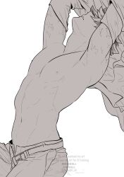  1boy absurdres armpits belt boku_no_hero_academia greyscale highres male_focus midoriya_izuku monochrome navel nipples open_fly oroshi_mi pants pectorals scar scar_on_arm short_hair simple_background solo undressing white_background 