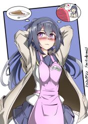  1boy 1girl :3 apron black_hair blush breasts cardigan commander_(girls&#039;_frontline) cowboy_shot curry curry_rice dated food girls_frontline hair_between_eyes heart long_hair medium_breasts minami_shin_(zenshuu_bougyo) neckerchief pink_apron pleated_skirt rice school_uniform serafuku signature skirt smile solo_focus spoken_heart super_sass_(girls&#039;_frontline) thinking tying_hair very_long_hair violet_eyes yellow_neckerchief 