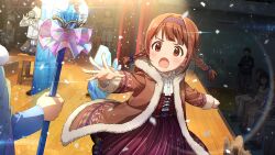  1girl aged_down blush braid brown_coat brown_eyes brown_hair coat commentary_request confetti dress fur-trimmed_coat fur_trim game_cg hairband holding holding_staff idolmaster idolmaster_million_live! idolmaster_million_live!_theater_days lens_flare long_sleeves official_art open_mouth outstretched_arm solo_focus staff stage standing tanaka_kotoha third-party_source twin_braids 