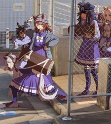  6+girls absurdres ahoge animal_ears beanie blush bow bowtie brown_hair colored_bangs commentary double_v dream_journey_(umamusume) fenomeno_(umamusume) gold_ship_(umamusume) grey_hair grey_jacket hashtag-only_commentary hat high_school_girls_posing_for_google_street_view_(meme) highres hood hood_down hooded_jacket horse_ears horse_girl horse_tail jacket loafers log long_hair long_sleeves looking_at_viewer lucky_lilac_(umamusume) meme multiple_girls nakayama_festa_(umamusume) open_clothes open_jacket orfevre_(umamusume) peaked_cap photo_background pleated_skirt purple_shirt purple_skirt purple_thighhighs school_uniform shirt shoes skirt stay_gold_(umamusume) stay_gold_clan_(umamusume) symbol-only_commentary tail thigh-highs tracen_school_uniform umagamja umamusume v white_bow white_bowtie 