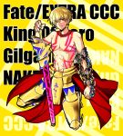  1boy armor blonde_hair chain ea_(fate/stay_night) fate/extra_ccc fate_(series) gilgamesh jewelry necklace planted_weapon red_eyes shirtless solo tattoo ty_1865 weapon 
