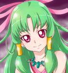  1girl bow bust chocokin cure_empress dokidoki!_precure green_hair hair_bow hair_tubes jewelry long_hair magical_girl necklace pink_eyes precure purple_background smile solo 