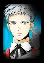  1boy absurdres adjusting_clothes adjusting_gloves bandaid bandaid_on_face bandaid_on_forehead black_gloves black_ribbon closed_mouth collared_shirt gekkoukan_high_school_uniform gloves grey_eyes grey_hair highres looking_at_viewer male_focus neck_ribbon persona persona_3 red_sweater_vest ribbon sa1meunegg sanada_akihiko school_uniform shirt short_hair solo sweater_vest upper_body white_shirt 