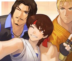  00a3af_231 1girl 2boys black_hair black_vest blonde_hair blue_eyes blue_shirt braid brown_eyes brown_hair closed_mouth collarbone collared_shirt dougi facial_hair fingerless_gloves gloves goatee grin halftone halftone_background headband highres jewelry long_hair multiple_boys mustache necklace one_eye_closed orange_background orange_dougi red_headband robert_garcia ryou_sakazaki ryuuko_no_ken selfie shirt short_hair single_braid smile the_king_of_fighters v v-shaped_eyebrows vest yuri_sakazaki 