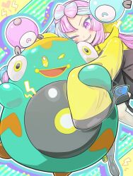  1girl ;d bellibolt blue_hair blush commentary_request eyelashes heart hug_from_side iono_(pokemon) lightning_bolt_symbol magnemite multicolored_hair one_eye_closed open_mouth pink_eyes pink_hair pokemon pokemon_(creature) pokemon_sv runachikku sharp_teeth sleeves_past_fingers sleeves_past_wrists smile teeth two-tone_hair yellow_eyes 