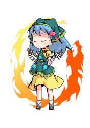  1girl apron aqua_apron arm_ribbon between_fingers blue_hair blue_ribbon chibi chibi_only chisel commentary_request dairi dress fire full_body green_headscarf haniyasushin_keiki headscarf holding jewelry large_variant_set long_hair magatama magatama_necklace necklace puffy_short_sleeves puffy_sleeves ribbon sandals short_sleeves solo tachi-e touhou transparent_background variant_set 