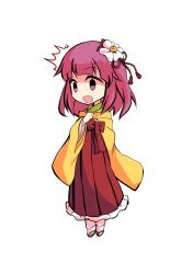  1girl chibi chibi_only commentary_request dairi flower full_body hair_flower hair_ornament hakama hand_up hieda_no_akyuu japanese_clothes kimono large_variant_set medium_hair meiji_schoolgirl_uniform pink_hair red_hakama sandals socks solo tachi-e touhou transparent_background variant_set white_flower white_socks wide_sleeves 