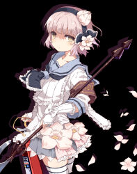 1girl black_background black_hairband black_neckerchief blue_sailor_collar commentary_request cowboy_shot drop_shadow expressionless fire_extinguisher flower grey_skirt hair_ornament hairband halberd highres holding holding_fire_extinguisher holding_polearm holding_weapon looking_at_viewer magical_girl mahou_shoujo_ikusei_keikaku neckerchief normaland pink_flower pink_hair pleated_skirt polearm sailor_collar short_hair simple_background skirt snow_white_(mahoiku) solo weapon yellow_eyes 