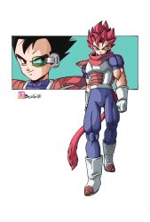  1boy absurdres alternate_form alternate_hair_color armor beatlo_(rodrigo38658978) black_eyes black_hair blue_bodysuit bodysuit boots commentary dragon_ball dragon_ball_z english_commentary full_body gloves highres instagram_username monkey_tail muscular muscular_male red_eyes red_hair red_tail saiyan_armor short_hair simple_background solo_focus spiky_hair super_saiyan super_saiyan_god tail tarble white_armor white_background white_boots white_gloves 