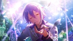  1boy blue_hair blurry bokeh colorful_palette confetti depth_of_field game_cg headset highres jacket kamishiro_rui laser male_focus multicolored_hair official_alternate_costume official_art one_eye_closed parted_lips project_sekai purple_hair solo streaked_hair third-party_source two-tone_hair white_jacket yellow_eyes 