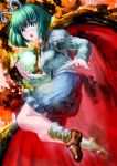  1girl :o antennae calligraphy_brush_(medium) cape dress_shirt energy_ball graphite_(medium) green_eyes green_hair juliet_sleeves legs_up long_sleeves looking_at_viewer mary_janes multicolored_background open_mouth puffy_sleeves shirt shoes short_hair skirt socks solo touhou tourniquet505 traditional_media wriggle_nightbug 