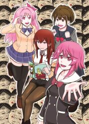  4girls arm_belt belt black_pantyhose black_shorts black_thighhighs blazer blue_sailor_collar blue_skirt bow bowtie braid breast_pocket breasts brown_eyes brown_hair brown_jacket brown_shoes buttons chaos;child chaos;head chest_bow chuo_tanegashima_high_school_uniform collared_shirt cropped_jacket double-breasted dress_shirt dress_vest gero-froggy grey_jacket grey_shirt hai_no_ji hair_between_eyes hair_bow hair_over_shoulder half_up_braid hekiho_academy_school_uniform high-waist_skirt high_ponytail highres jacket jacket_partially_removed lapels leather_belt long_sleeves makise_kurisu miniskirt multiple_girls necktie notched_lapels one_side_up onoe_serika open_mouth pantyhose pantyhose_under_shorts phinx_(robotics;notes) pink_eyes pink_hair plaid_bow plaid_bowtie plaid_clothes plaid_necktie plaid_skirt pleated_skirt pocket ponytail ponytail_with_braided_base purple_bow purple_bowtie purple_skirt purple_trim reaching reaching_towards_viewer red_bow red_necktie robotics;notes sailor_collar sakihata_rimi salute school_uniform science_adventure senomiya_akiho shirt shoes shorts skirt small_breasts smile standing standing_on_one_leg steins;gate suimei_academy_school_uniform sumo_sticker_(chaos;child) teeth thigh-highs tongue upa_(steins;gate) upper_teeth_only violet_eyes white_belt white_sailor_collar white_shirt winter_uniform 