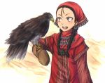  1girl :d animal bird blush eagle earrings gloves head_scarf inaba-no-kuni-tottori jewelry necklace open_mouth otoyomegatari single_glove smile solo tileke 