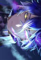  1boy black_jacket blue_hair closed_mouth collared_jacket commentary_request crossed_bangs double-parted_bangs flins_(genshin_impact) genshin_impact glowing glowing_eye highres jacket male_focus necoco112061 sideways smile solo yellow_eyes 