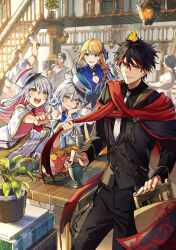  3boys 4girls animal_on_head aqua_eyes bird bird_on_head black_hair black_suit blonde_hair braid carimarica character_request copyright_request food green_eyes ham hat highres multiple_boys multiple_girls necktie official_art on_head pointing short_hair suit white_hair white_hat white_necktie yellow_eyes 