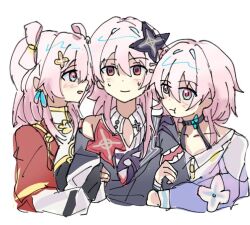  3girls akitoo1476081 black_choker black_dress black_flower black_gloves blue_eyes blue_jacket blush buttons chinese_clothes choker closed_mouth clothing_cutout collarbone collared_dress collared_shirt dress earrings empty_eyes evernight_(honkai:_star_rail) fingerless_gloves flower flower_ornament gloves hair_between_eyes hair_flower hair_ornament hairclip honkai:_star_rail honkai_(series) jacket jewelry long_hair long_sleeves looking_at_another mandarin_collar march_7th_(honkai:_star_rail) march_7th_(hunt)_(honkai:_star_rail) march_7th_(preservation)_(honkai:_star_rail) multicolored_eyes multiple_girls multiple_persona official_alternate_costume official_alternate_hairstyle open_clothes open_mouth pink_hair puffy_long_sleeves puffy_sleeves red_eyes red_flower red_shrug selfcest shirt shoulder_cutout shrug_(clothing) shuangyaji sidelocks simple_background single_bare_shoulder single_earring smile sweatdrop two-tone_dress upper_body violet_eyes white_background white_dress white_flower white_shirt yellow_flower yuri 